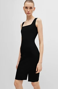 Square-neck dress stretch material with front slit