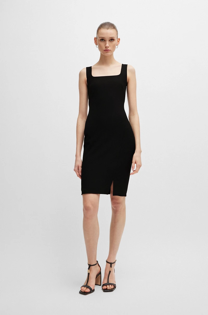 Square-neck dress stretch material with front slit