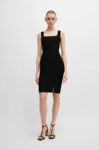 Square-neck dress stretch material with front slit