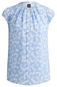 Collarless cap-sleeve blouse printed silk