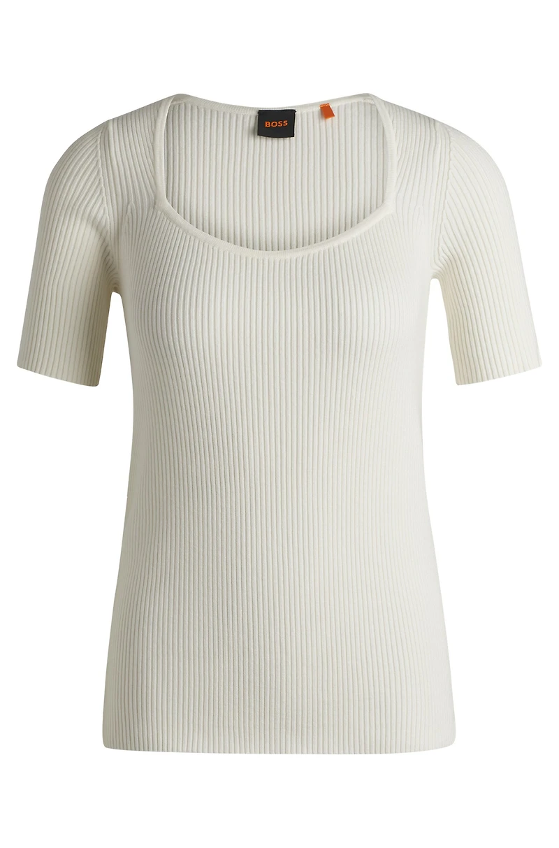Square-neck short-sleeved sweater ribbed stretch fabric