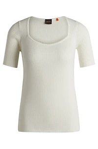 Square-neck short-sleeved sweater ribbed stretch fabric
