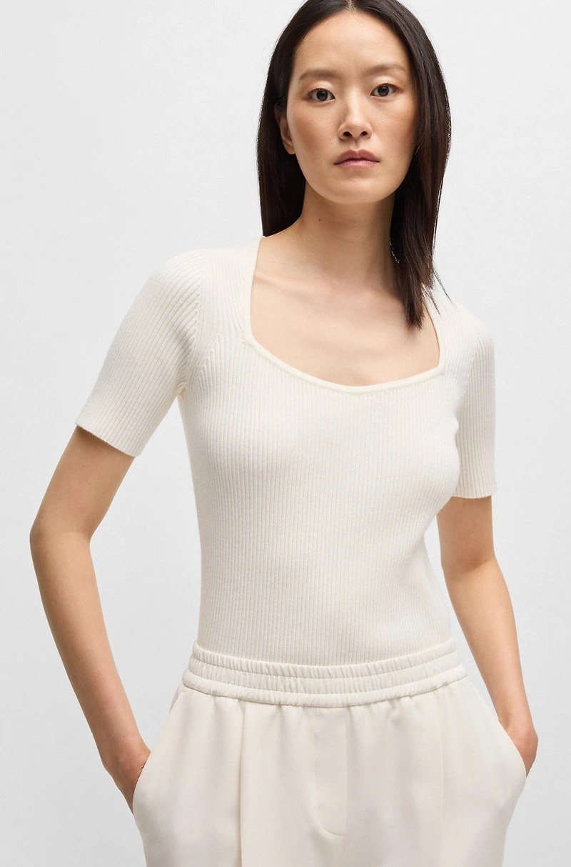 Square-neck short-sleeved sweater ribbed stretch fabric