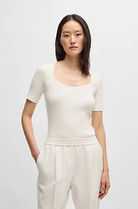 Square-neck short-sleeved sweater ribbed stretch fabric