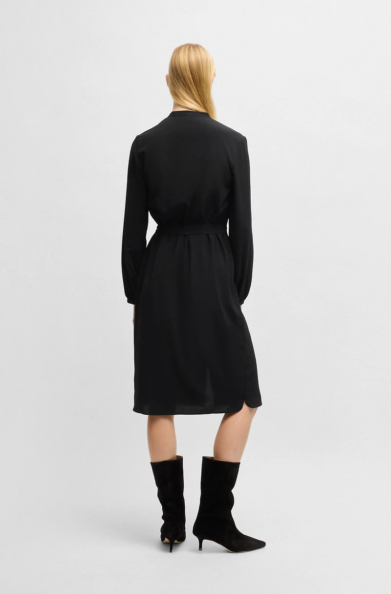 Belted shirt dress crepe Georgette with stand collar