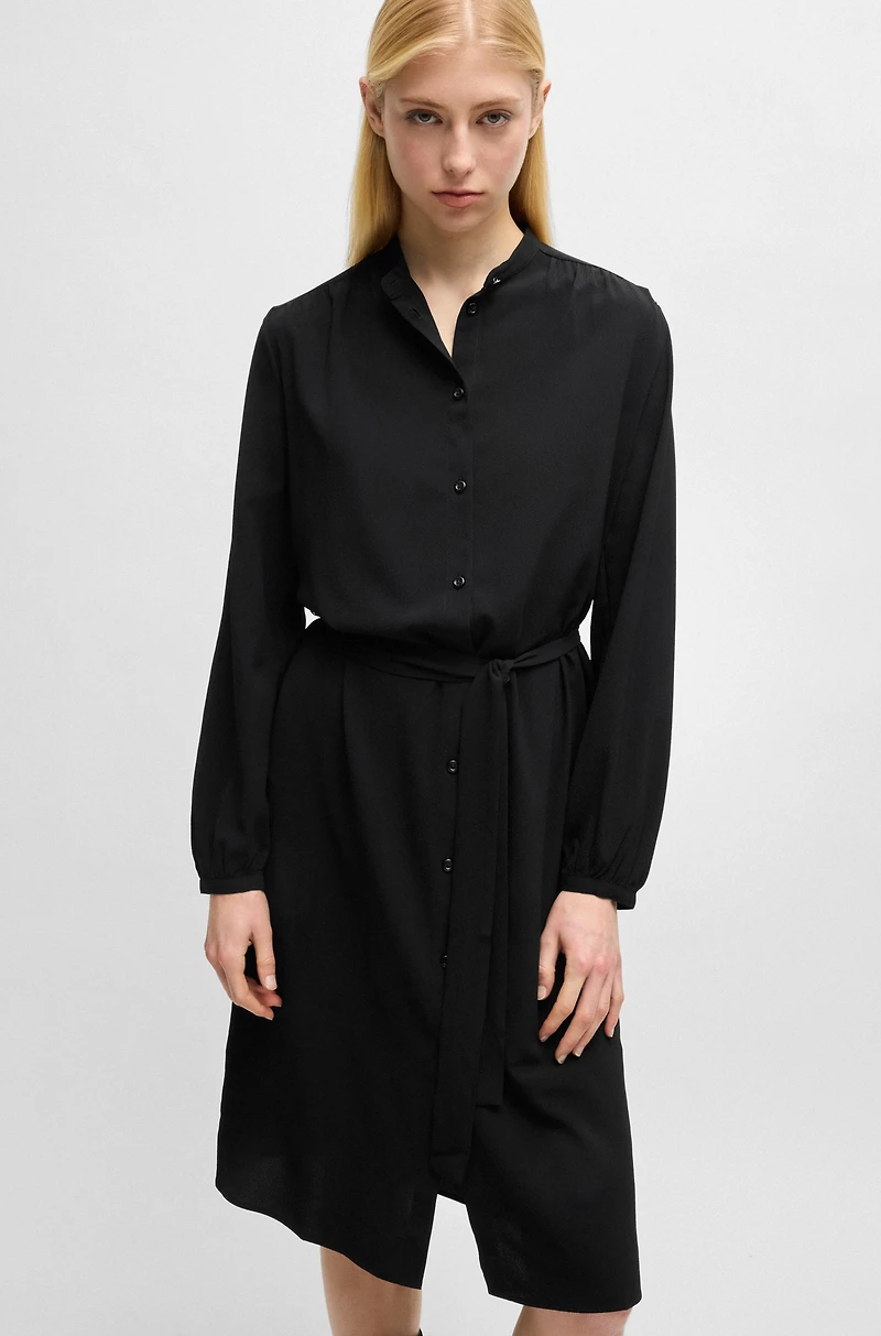 Belted shirt dress crepe Georgette with stand collar
