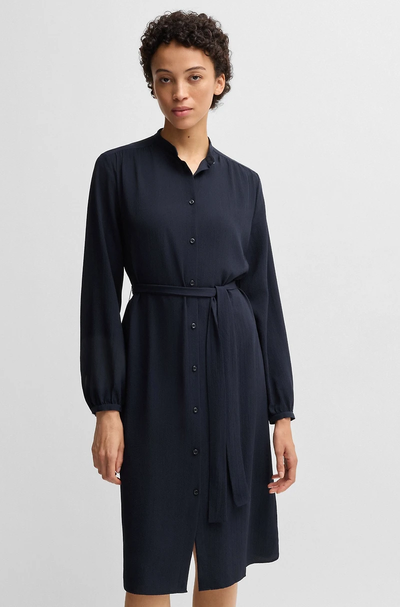Belted shirt dress crepe Georgette with stand collar