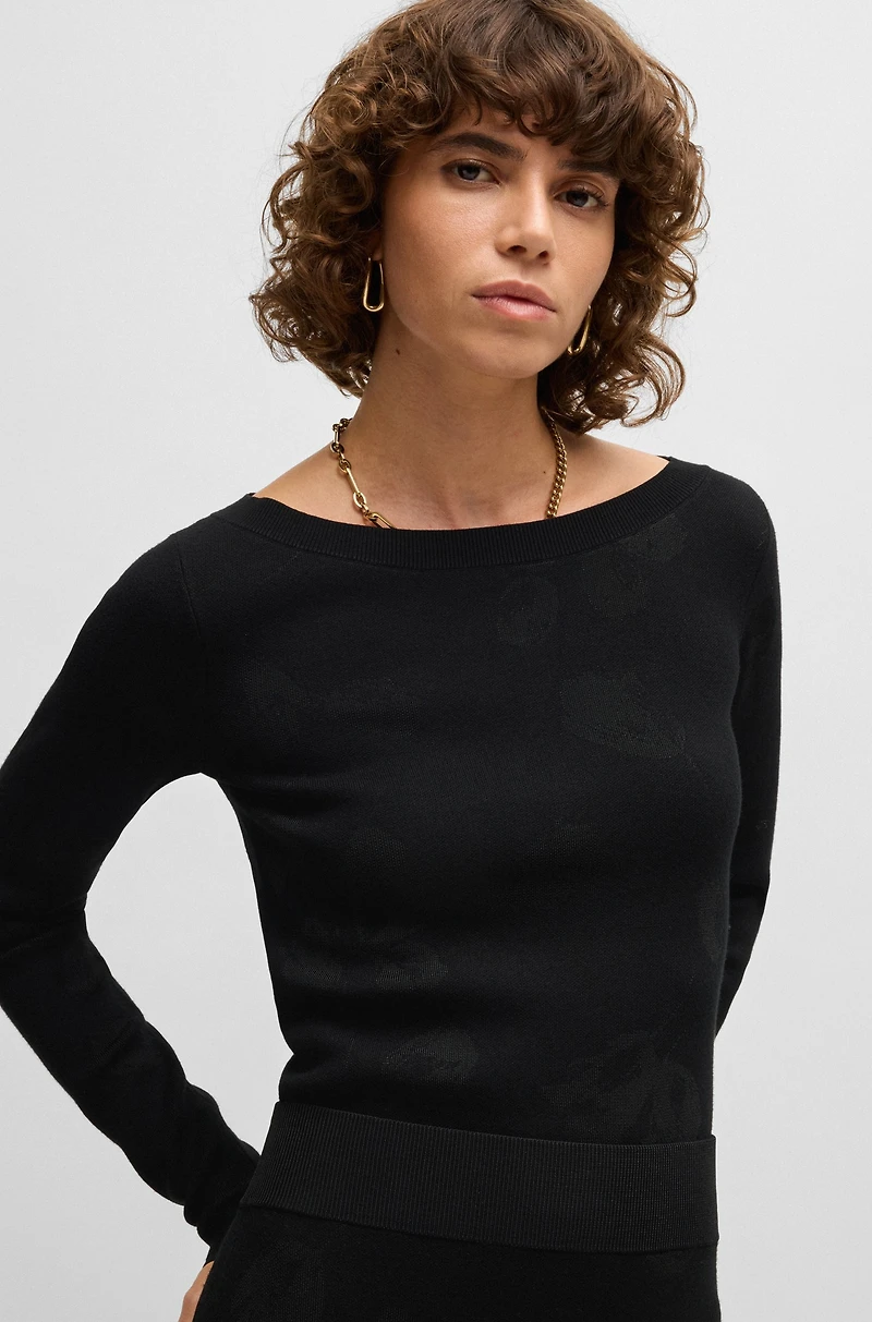 Wide-neck sweater stretch jacquard