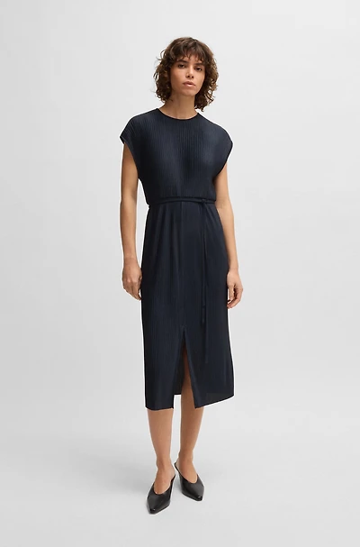 Belted sleeveless dress high-shine plissé