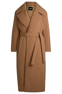 Water-repellent padded coat with tie-up belt