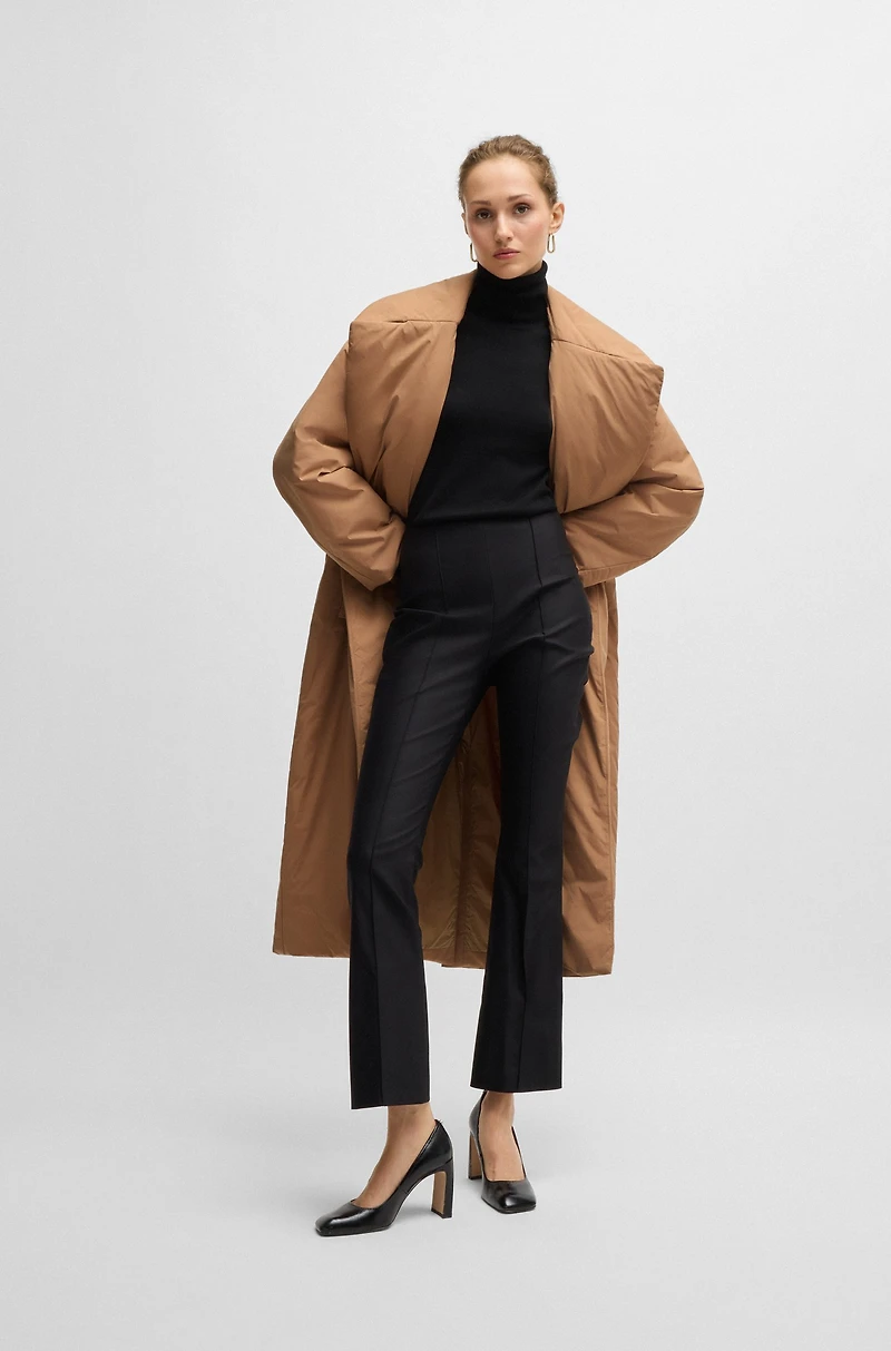 Water-repellent padded coat with tie-up belt