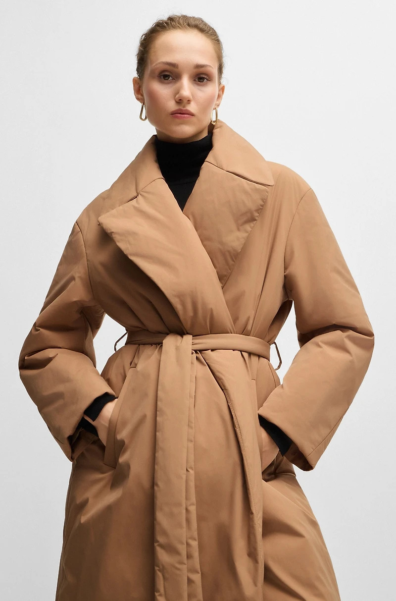 Water-repellent padded coat with tie-up belt