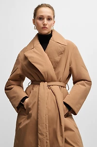 Water-repellent padded coat with tie-up belt