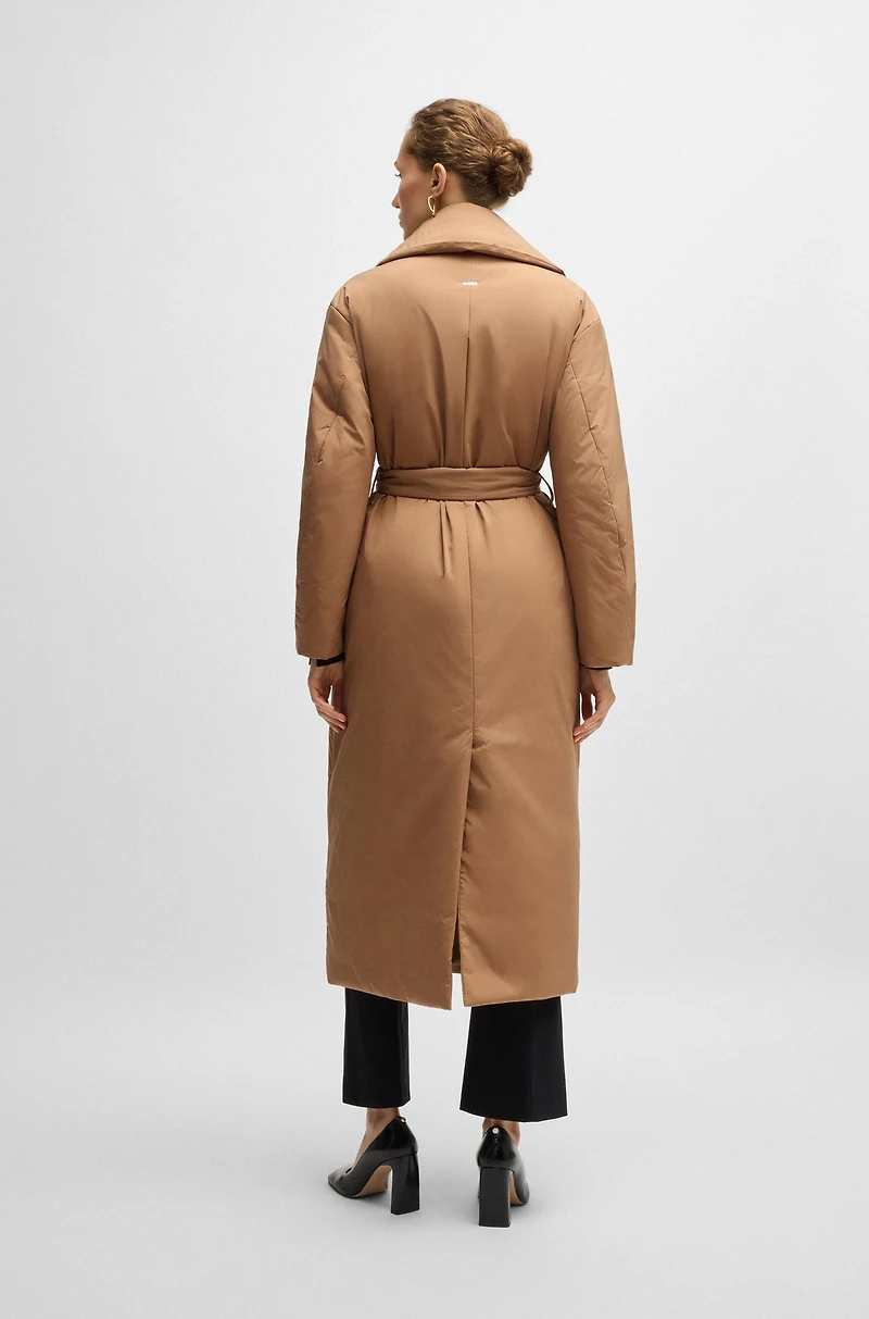 Water-repellent padded coat with tie-up belt