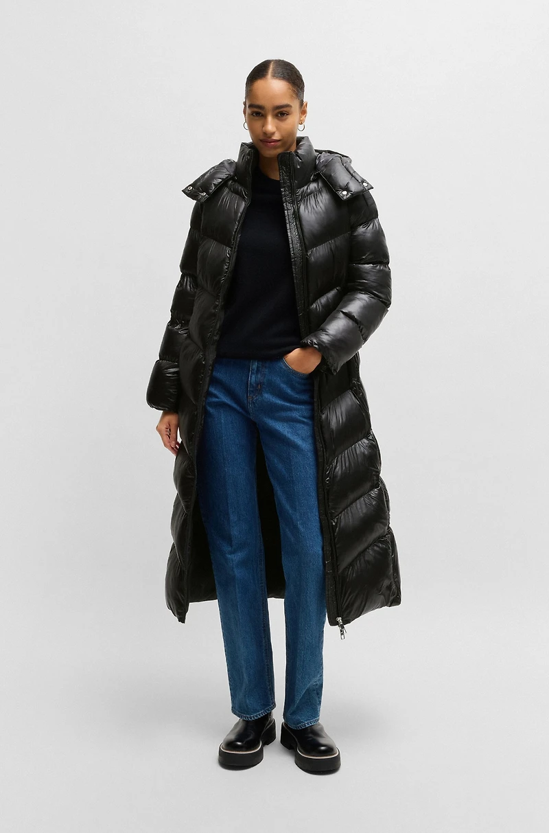 Water-repellent puffer jacket with logo belt