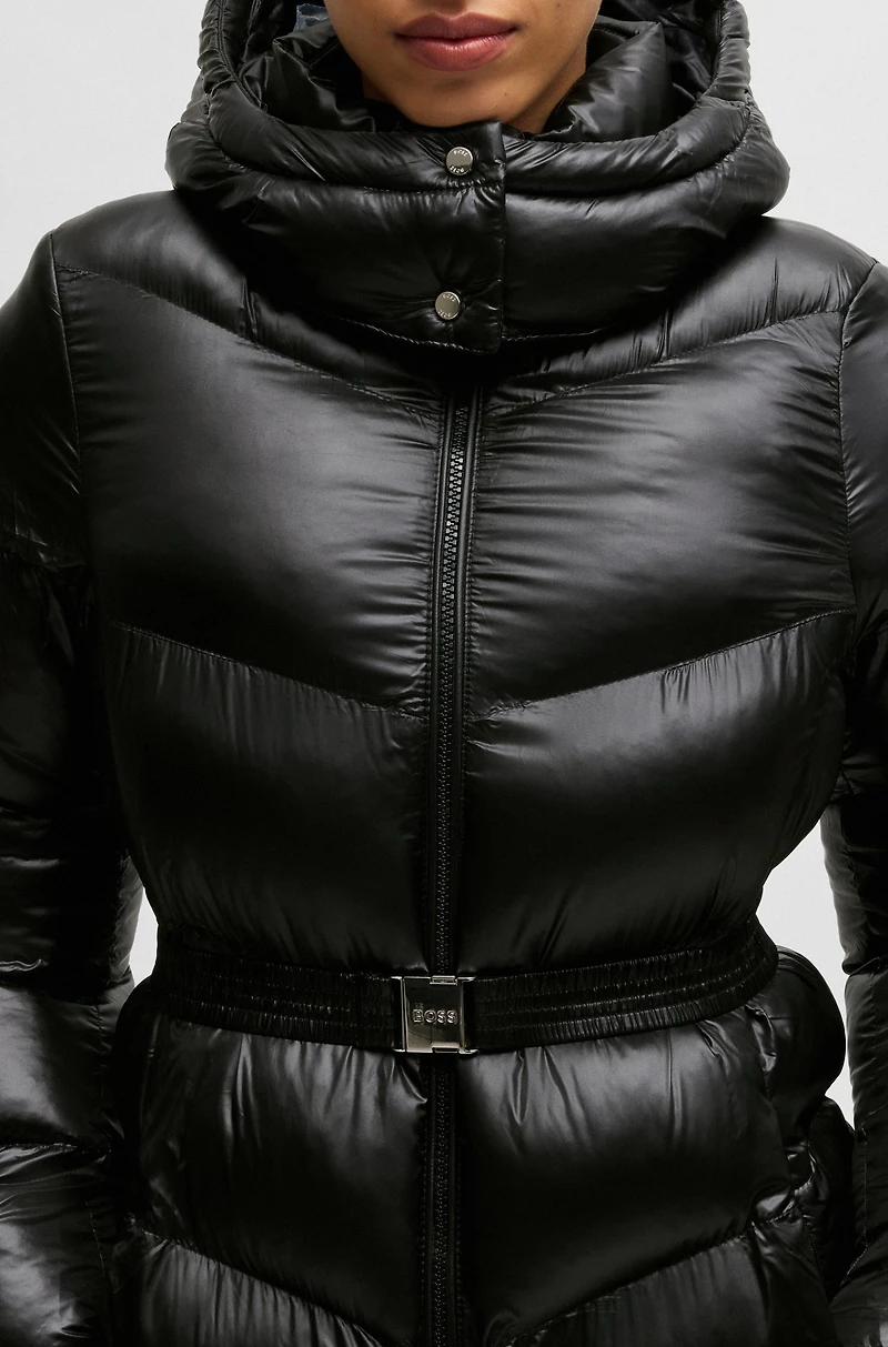 Water-repellent puffer jacket with logo belt