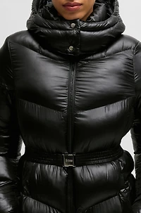 Water-repellent puffer jacket with logo belt