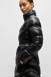 Water-repellent puffer jacket with logo belt