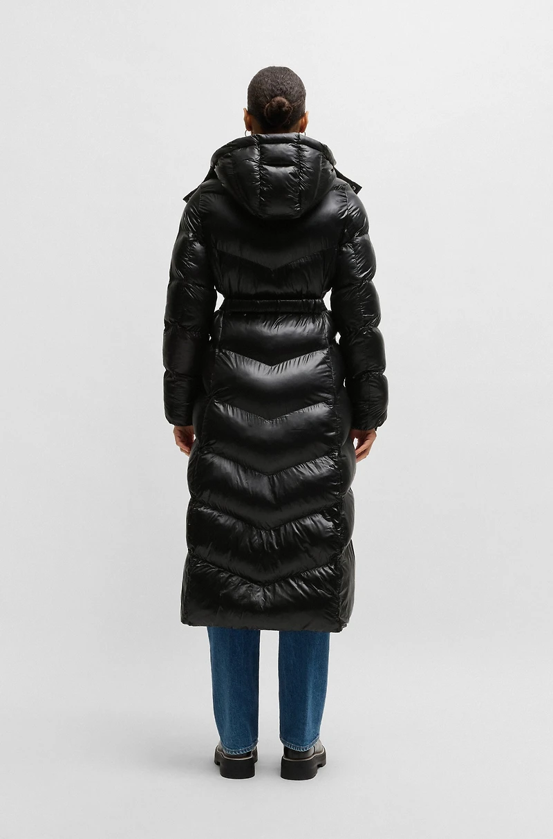 Water-repellent puffer jacket with logo belt
