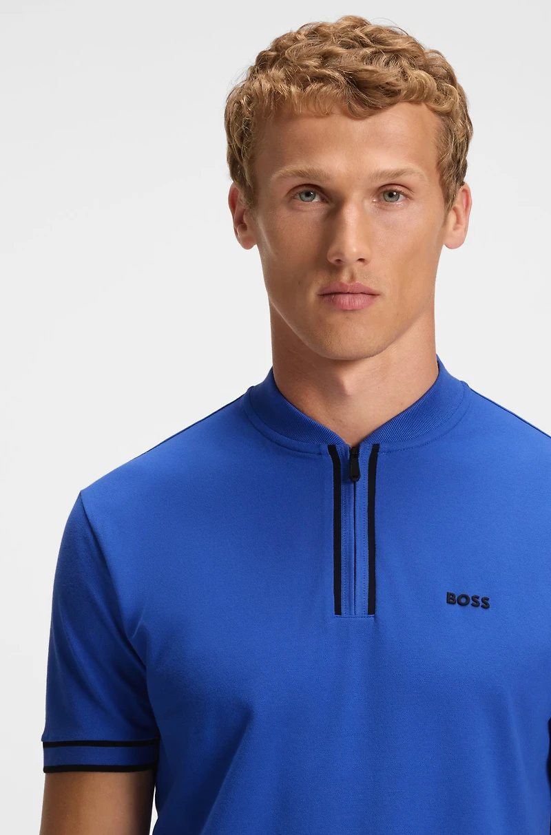Zip-neck polo shirt stretch-cotton piqu