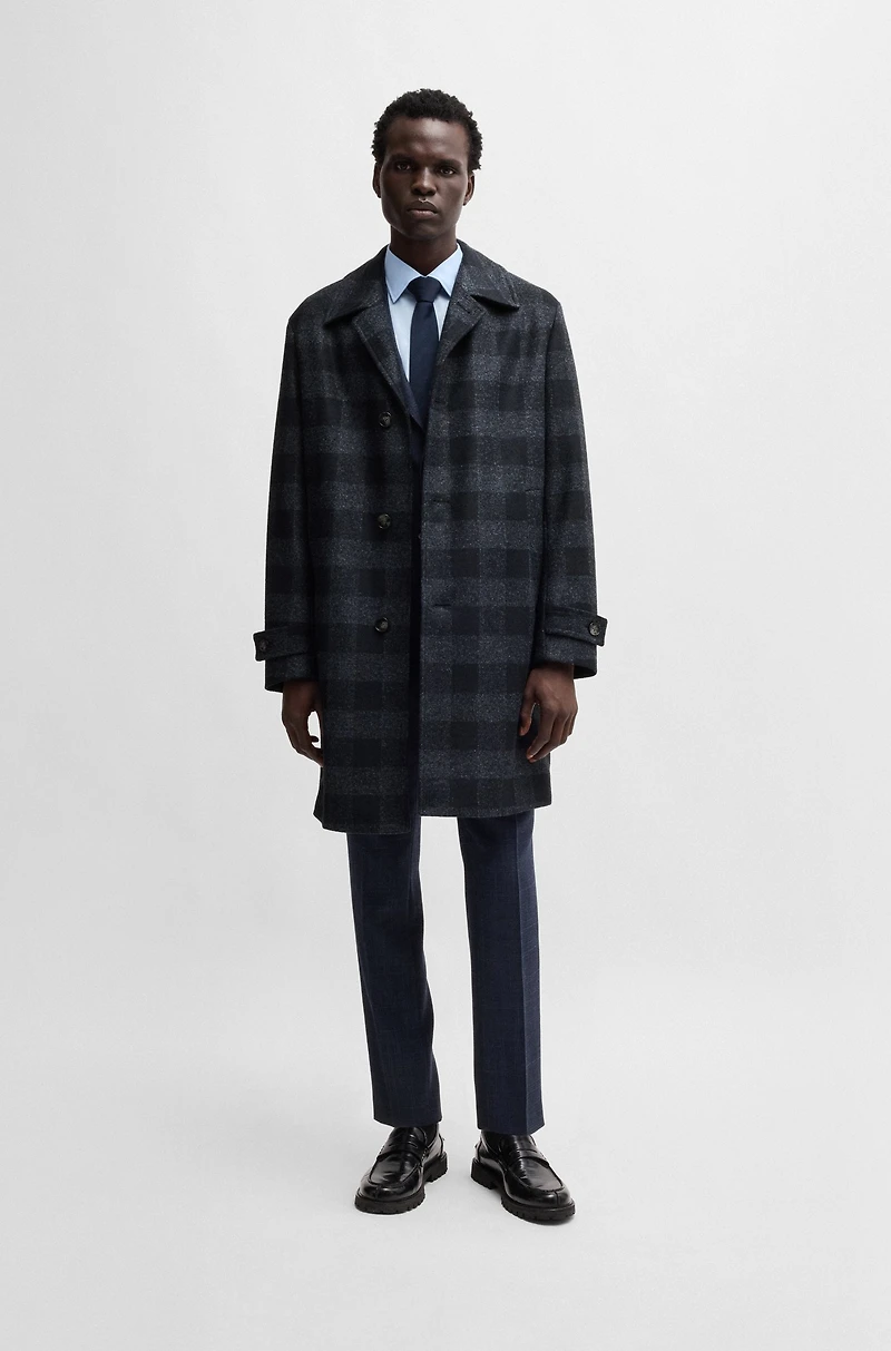 Checked-jersey coat a classic fit