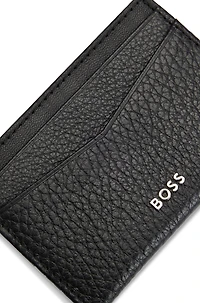 Card holder in grained leather with metallic logo lettering