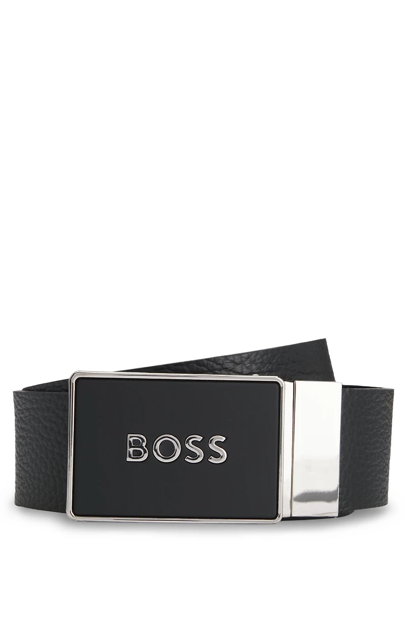 Reversible leather belt with plaque buckle