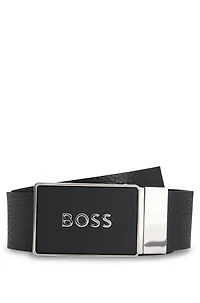 Reversible leather belt with plaque buckle