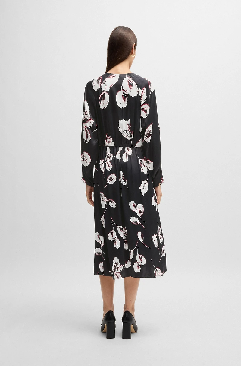 Satin V-neck dress with tulip print