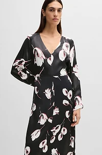 Satin V-neck dress with tulip print