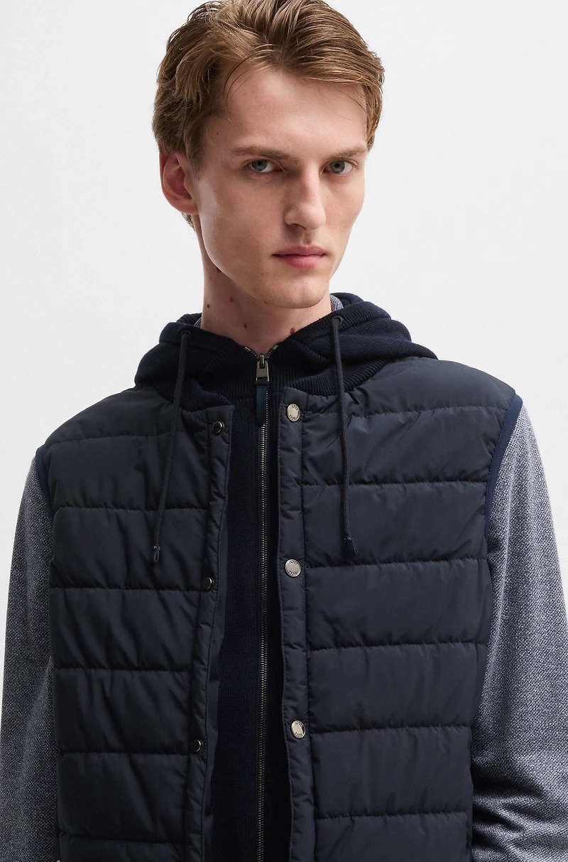 Hooded gilet wool with down-blend front panel