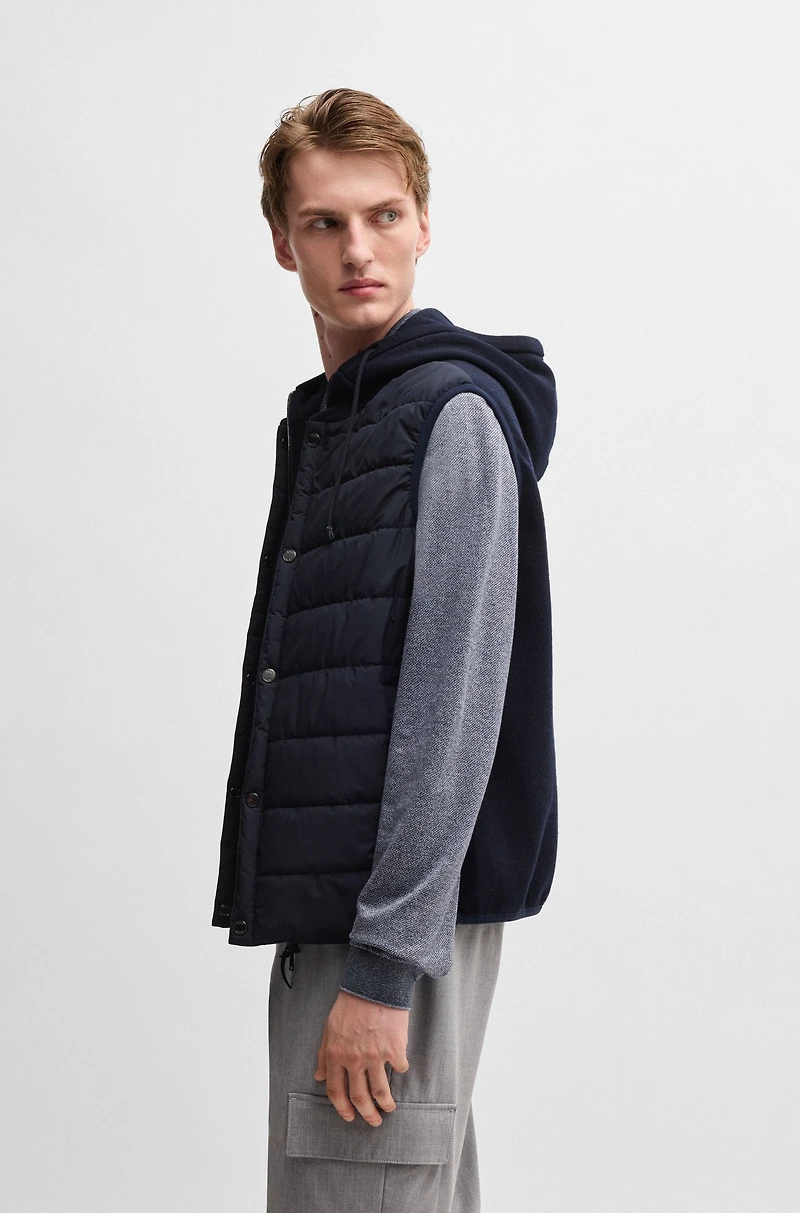 Hooded gilet wool with down-blend front panel