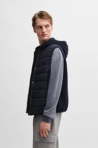 Hooded gilet wool with down-blend front panel