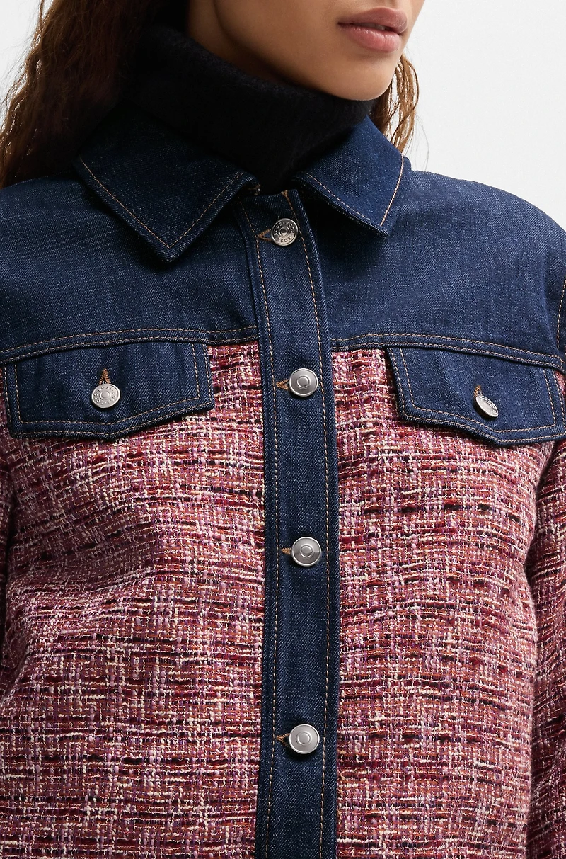 Multicolored-tweed jacket with denim trims