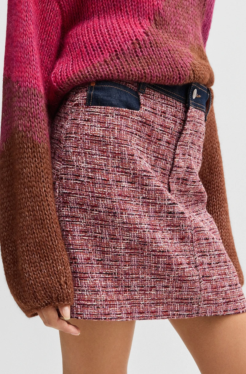 Multicolored-tweed A-line skirt with denim trims