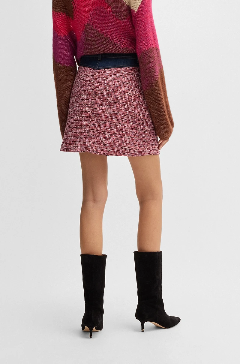 Multicolored-tweed A-line skirt with denim trims