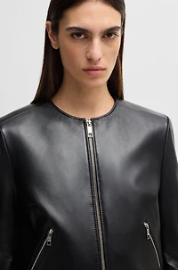 Collarless leather jacket with zip closure