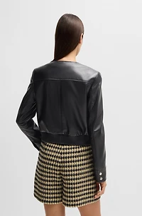 Collarless leather jacket with zip closure
