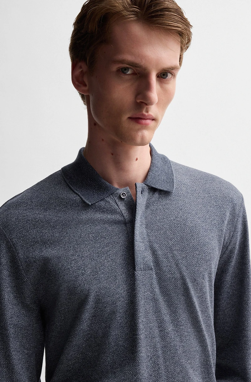 Long-sleeved knit polo mouliné cotton and silk
