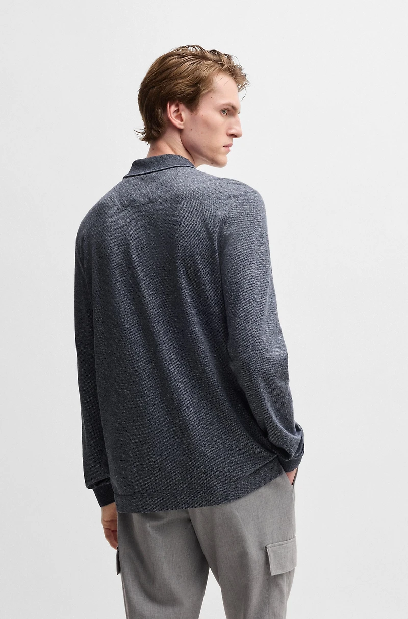 Long-sleeved knit polo mouliné cotton and silk