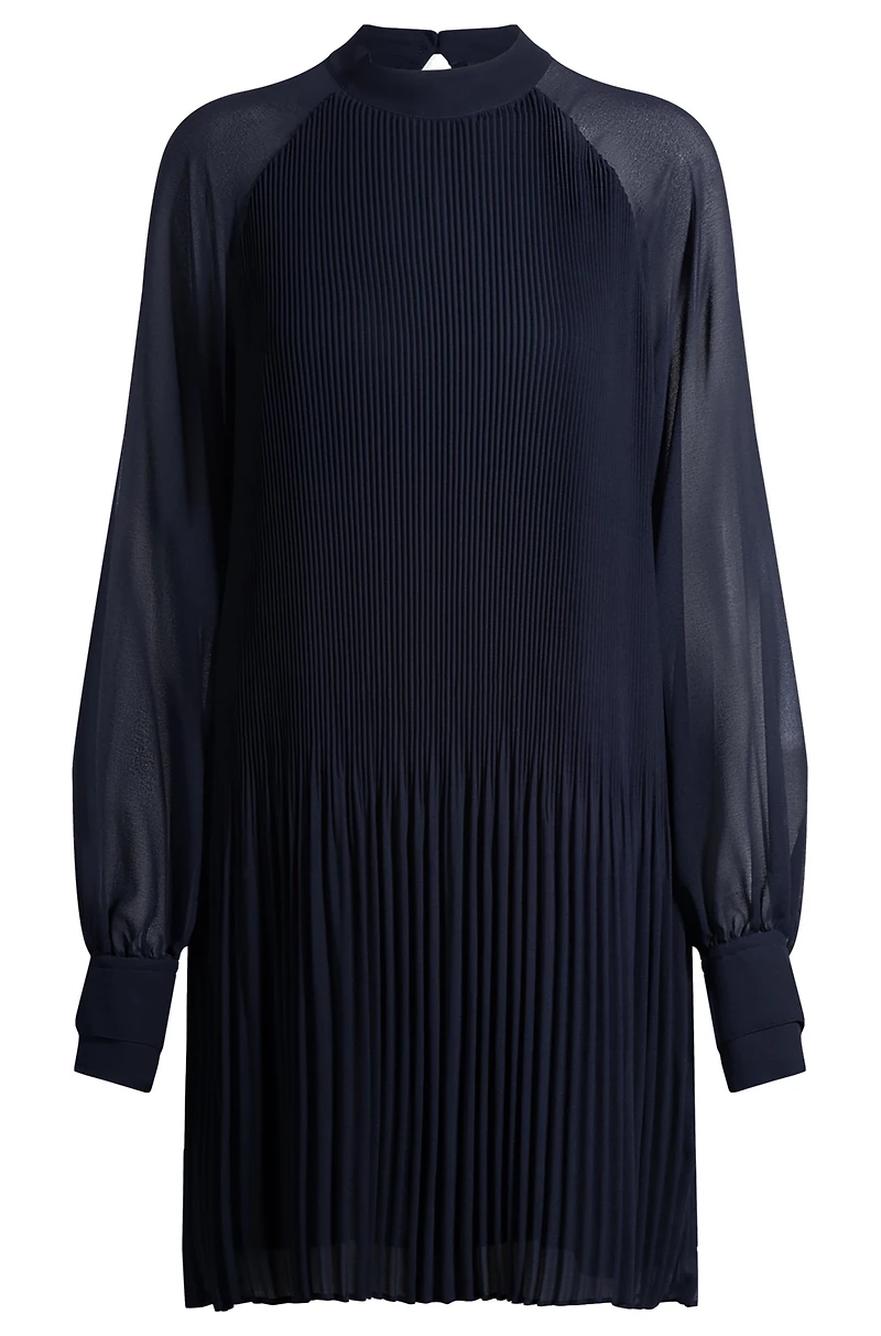 High-neck dress with plissé pleats and sheer sleeves
