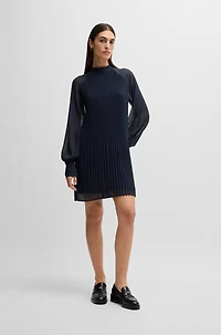 High-neck dress with plissé pleats and sheer sleeves