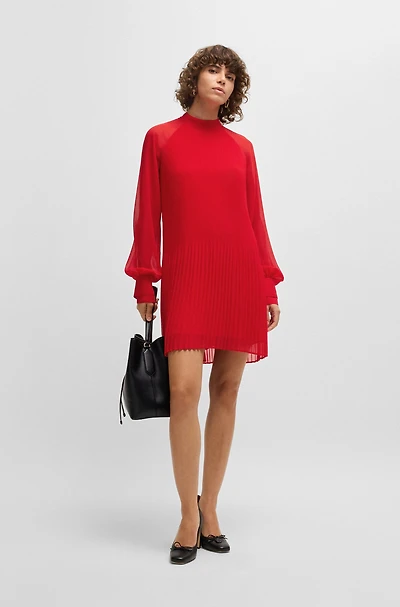 Sheer-sleeve dress with plissé pleats