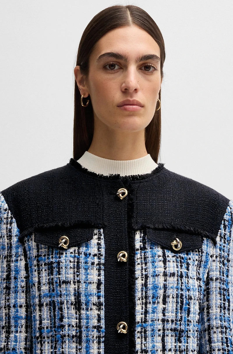 Tweed jacket with contrast panels and knot buttons