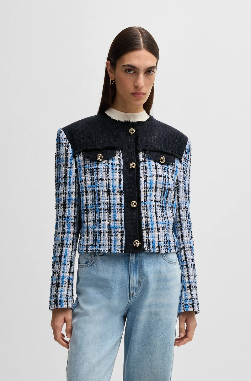 Tweed jacket with contrast panels and knot buttons