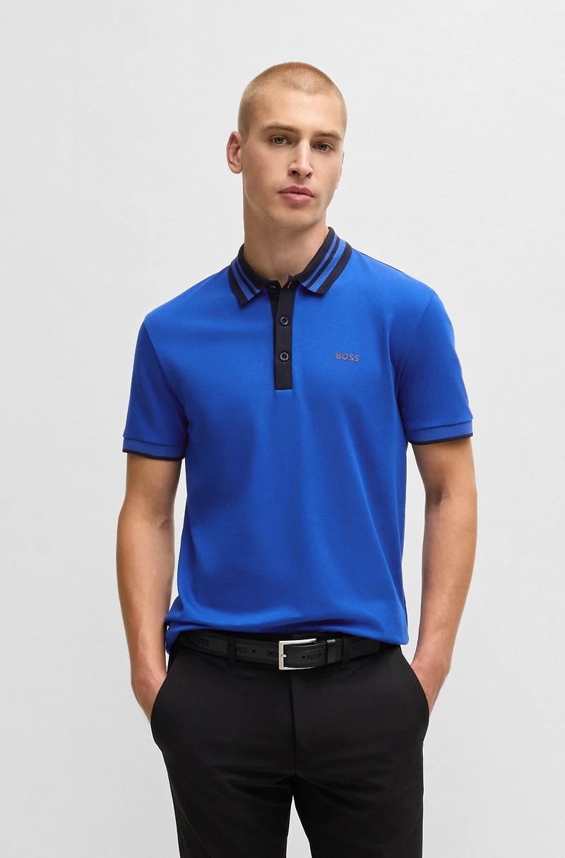 Interlock-cotton polo shirt with striped collar