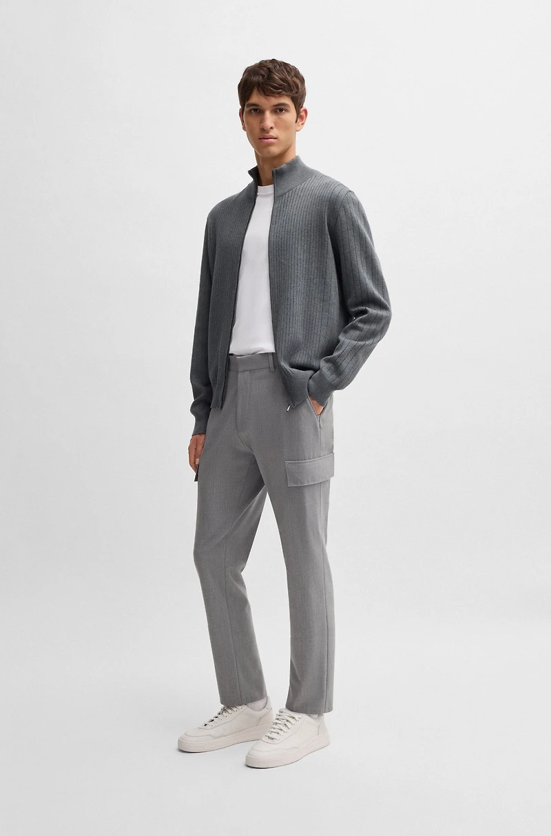 Zip-up cotton cardigan with knitted pinstripes