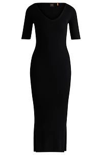 Knitted dress with V neckline stretch yarns