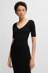 Knitted dress with V neckline stretch yarns