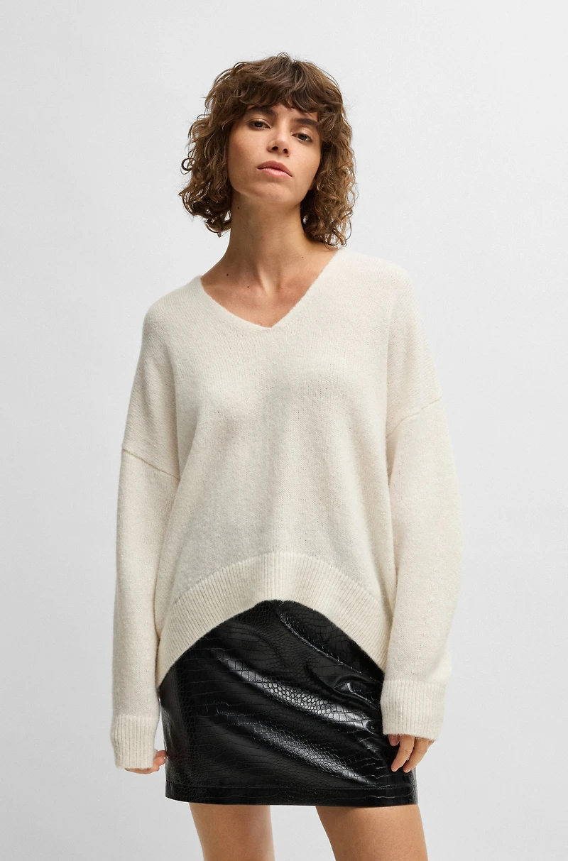 Wool-blend relaxed-ft sweater with V neckline